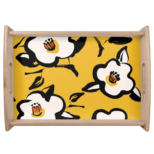 Yellow Camellia, sketchy floral vintage. Serving Tray (Front)