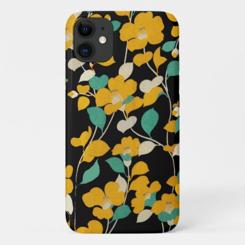 YELLOW CAMELLIASWHITE GREEN LEAVES BLACK Floral iPhone 11 Case