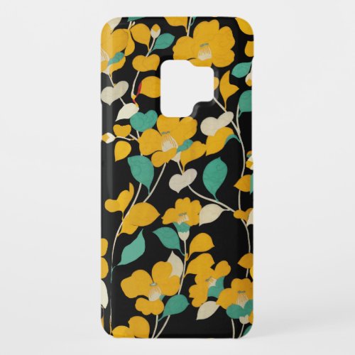 YELLOW CAMELLIASWHITE GREEN LEAVES BLACK Floral Case_Mate Samsung Galaxy S9 Case