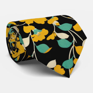 YELLOW CAMELLIAS,WHITE GREEN LEAVES BLACK Floral Neck Tie
