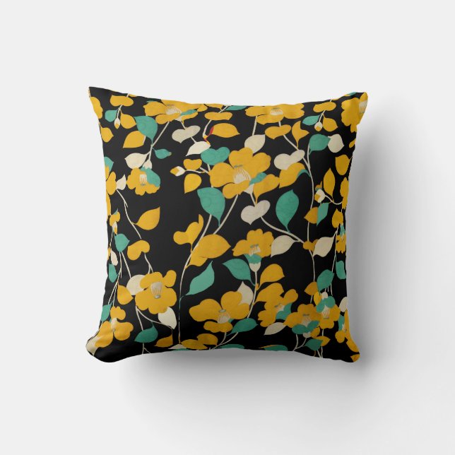 YELLOW CAMELLIAS,WHITE GREEN LEAVES BLACK Floral Throw Pillow (Front)