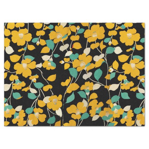 YELLOW CAMELLIASWHITE GREEN LEAVES BLACK Floral Tissue Paper