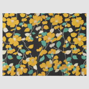 YELLOW CAMELLIAS,WHITE GREEN LEAVES BLACK Floral Tissue Paper