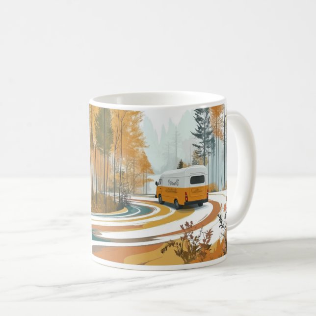 yellow camper van navigates a winding road through coffee mug (Front Right)