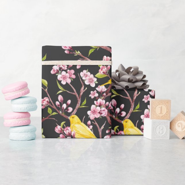 Yellow Canaries And Cherry Blossoms  Wrapping Pape Paper (Baby Shower)