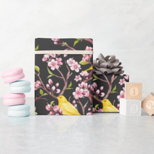 Yellow Canaries And Cherry Blossoms  Wrapping Pape Wrapping Paper