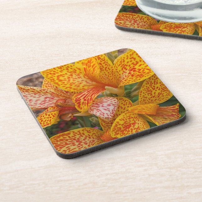 Yellow Canna Lily with Red Speckles Floral Beverage Coaster (Left Side)