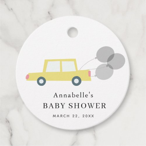 Yellow Car Balloons White Baby Shower Favor Tags