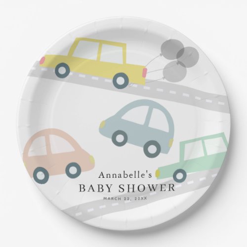 Yellow Car Balloons White Baby Shower Paper Plates