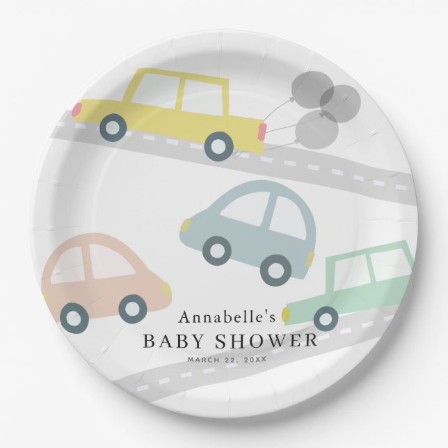 Yellow Car Balloons White Baby Shower Paper Plates (Front)