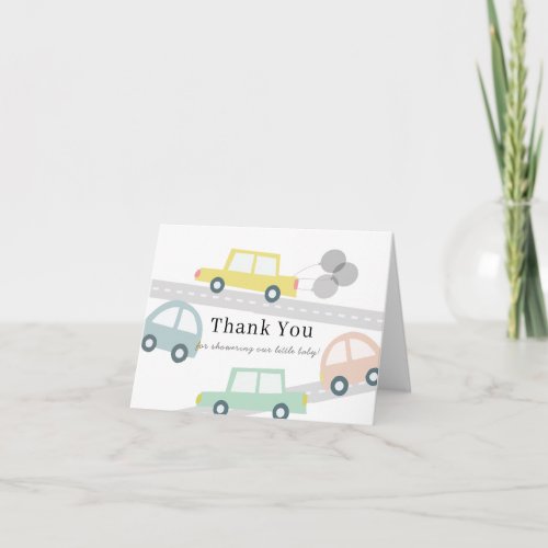 Yellow Car Balloons White Baby Shower Thank You Card