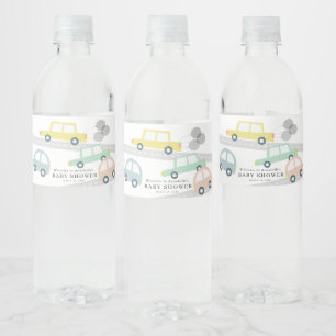 Yellow Car Balloons White Baby Shower Water Bottle Label