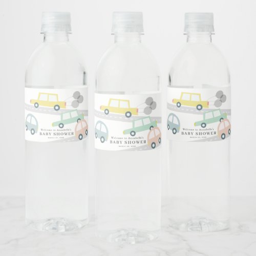 Yellow Car Balloons White Baby Shower Water Bottle Label