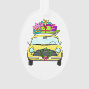 Yellow Car with Christmas Gifts Ornament