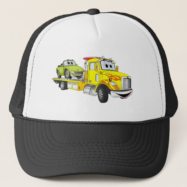 Yellow Cartoon Flatbed Tow Truck Trucker Hat (Front)
