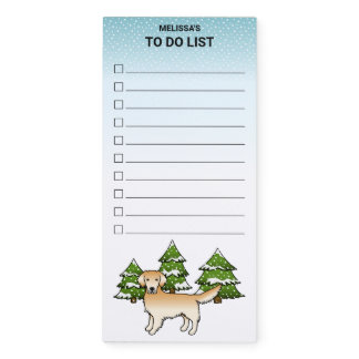 Yellow Cartoon Golden Retriever In Winter &amp; Text Magnetic Notepad