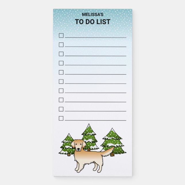 Yellow Cartoon Golden Retriever In Winter & Text Magnetic Notepad (Front)