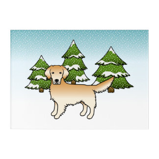Yellow Cartoon Golden Retriever In Winter &amp; Trees Acrylic Print