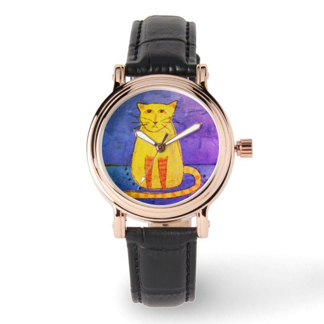 Yellow Cat Abstract Wearable Art Watch (Front)