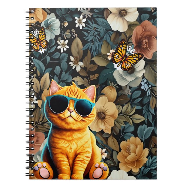 Yellow Cat and Butterflies on Floral Background Notebook (Front)