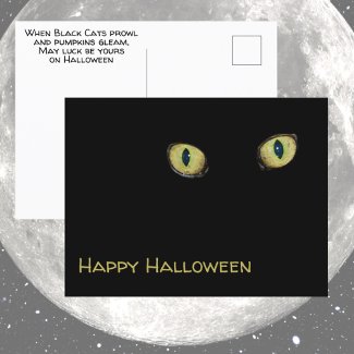 Yellow Cat Eyes Happy Halloween Photographic Black