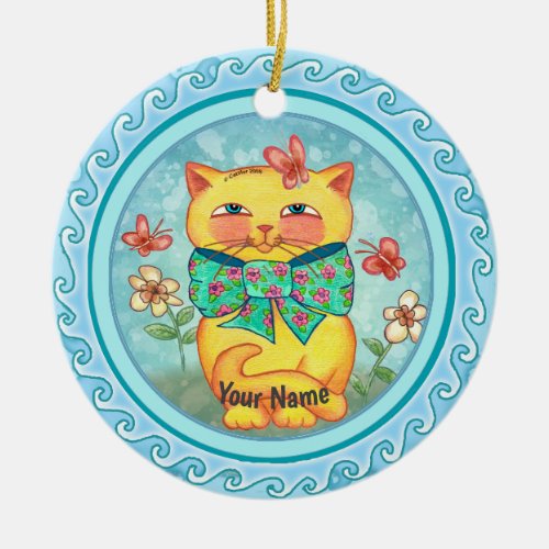 Yellow Cat Flowers custom name Ceramic Ornament