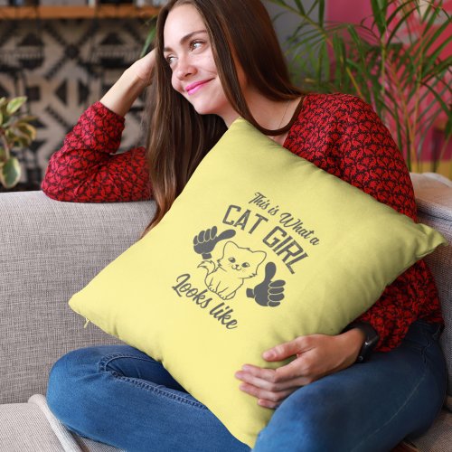 Yellow Cat Girl Looks Like Thumbs Up Throw Pillow