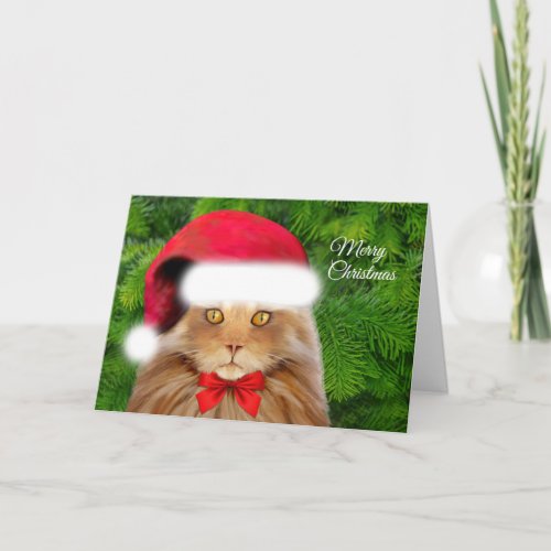 Yellow Cat in Santa Hat with Bow Holiday Card