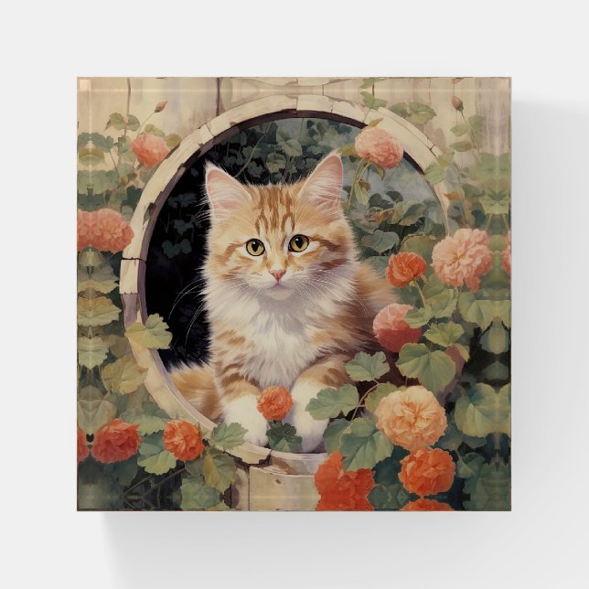 Yellow Cat Kitten Pink Flowers Painting Paperweight (Front)