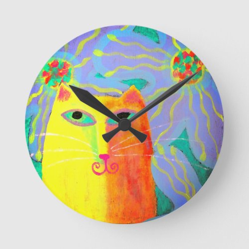 Yellow Cat with Flowers Abstract Art Round Clock