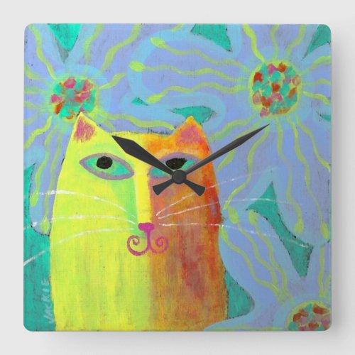 Yellow Cat with Flowers Abstract Art Round Clock