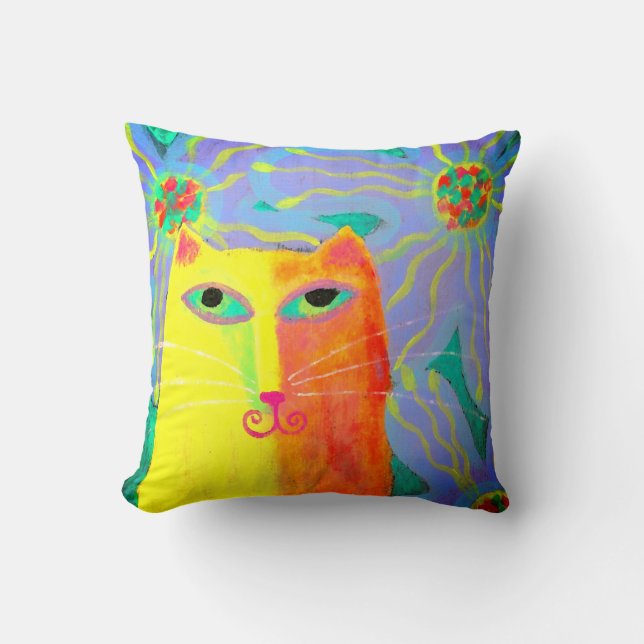 Yellow Cat with Flowers Abstract Art Throw Pillow (Front)