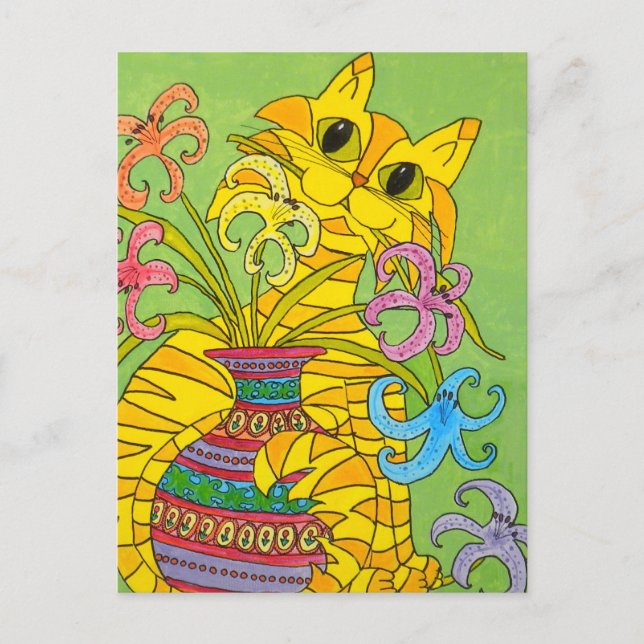 Yellow Cat with Vase of Lilies Postcard (Front)