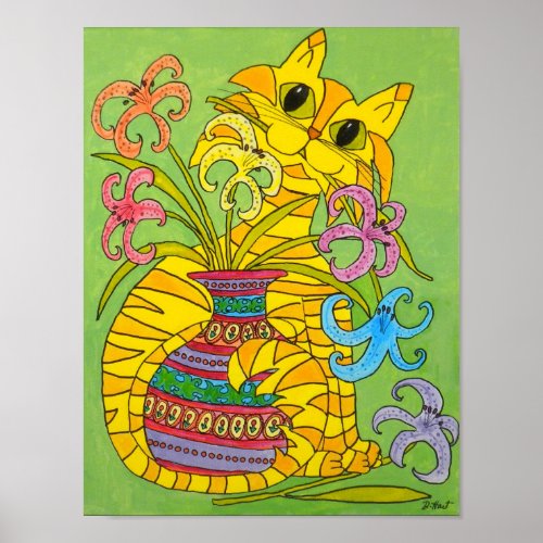 Yellow Cat with Vase of Lilies Poster