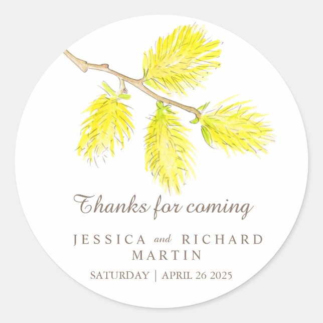 Yellow catkins spring thank you wedding sticker (Front)