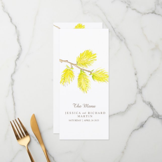 Yellow catkins watercolor wedding menu (Front/Back In Situ)