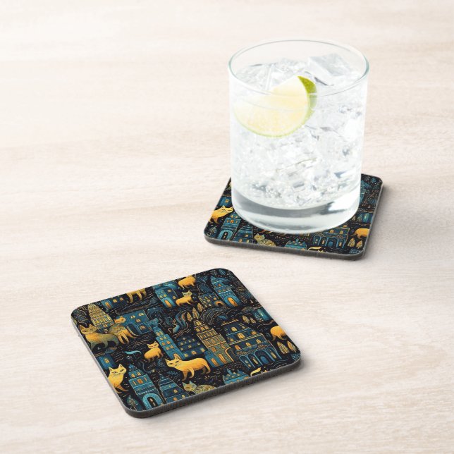 Yellow Cats in The City Night Ai Art Beverage Coaster (Right Side)