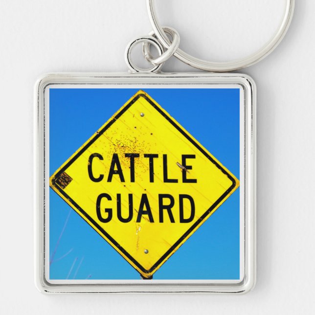 yellow cattle guard sign  blue background keychain (Front)
