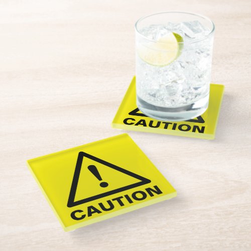 Yellow caution sign cool glass drink coaster