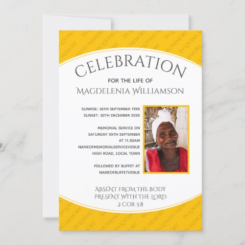 Yellow CELEBRATION OF LIFE Photo Memorial Funeral Invitation