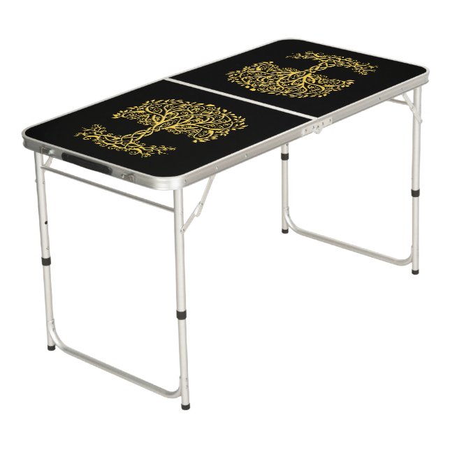 Yellow Celtic Tree Of Life Beer Pong Table (Angled)