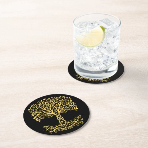 Yellow Celtic Tree Of Life Round Paper Coaster