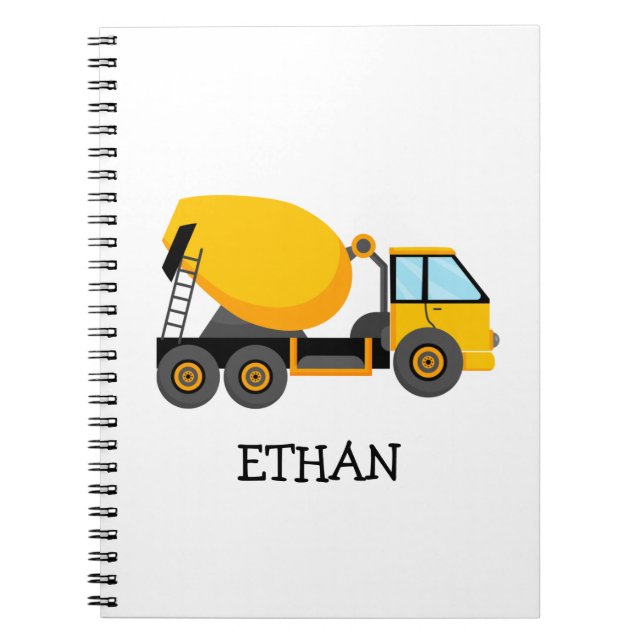Yellow Cement Mixer Construction Truck Custom Name Notebook (Front)