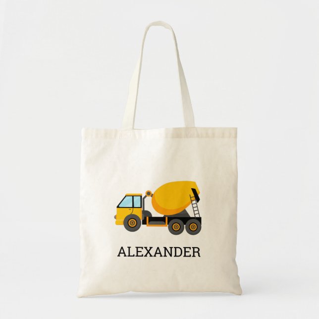Yellow Cement Mixer Kids Personalized Construction Tote Bag (Front)