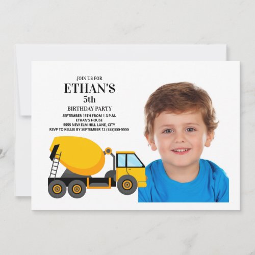 Yellow Cement Truck Childs Birthday Party  Invitation