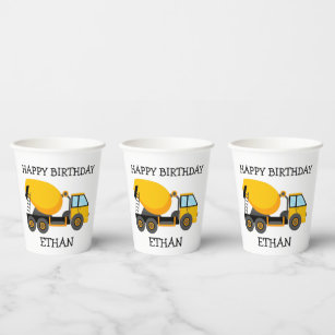 Yellow Cement Truck Child's Birthday Party Name Paper Cups