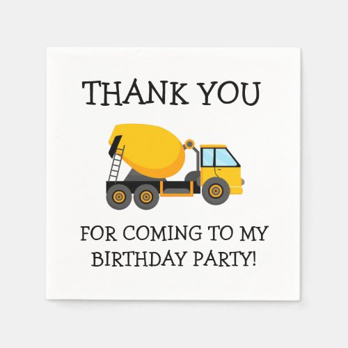 Yellow Cement Truck Childs Birthday Thank You Napkins
