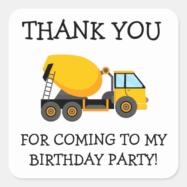 Yellow Cement Truck Child's Birthday Thank You Square Sticker (Front)
