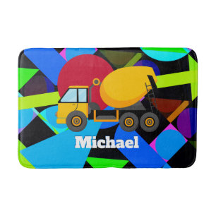 Yellow Cement Truck Colorful Geometric Shapes Name Bath Mat