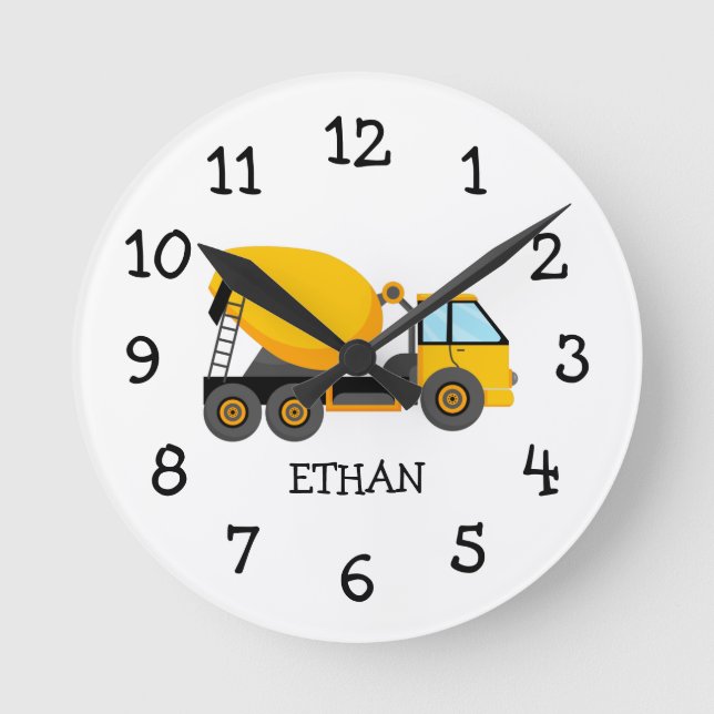 Yellow Cement Truck Custom Child's Bedroom Round Clock (Front)